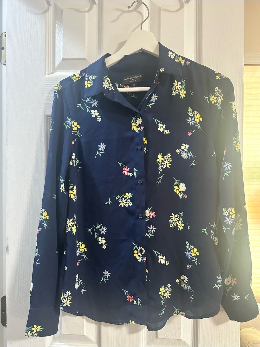 Banana Republic Navy Floral Button-Down Shirt with Yellow & Pink Accents